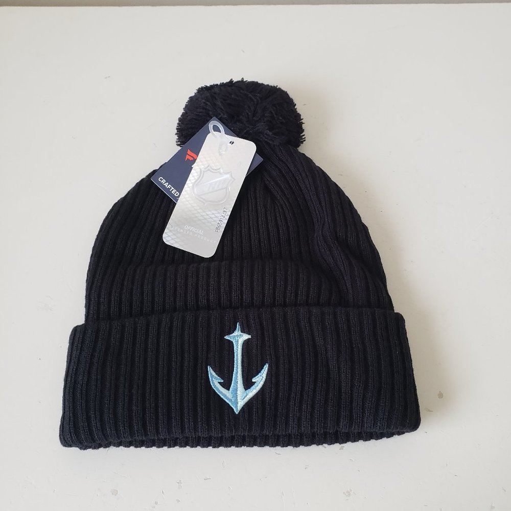 Seattle Kraken Winter Beanie Hat Cap Pom Black Fanatics NHL Anchor Alt Logo NWT
